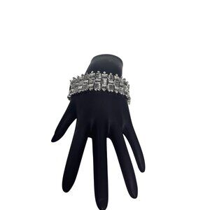 Silver Tone And Clear Rhinestone Basket Weave Stretch Bracelet (6236)